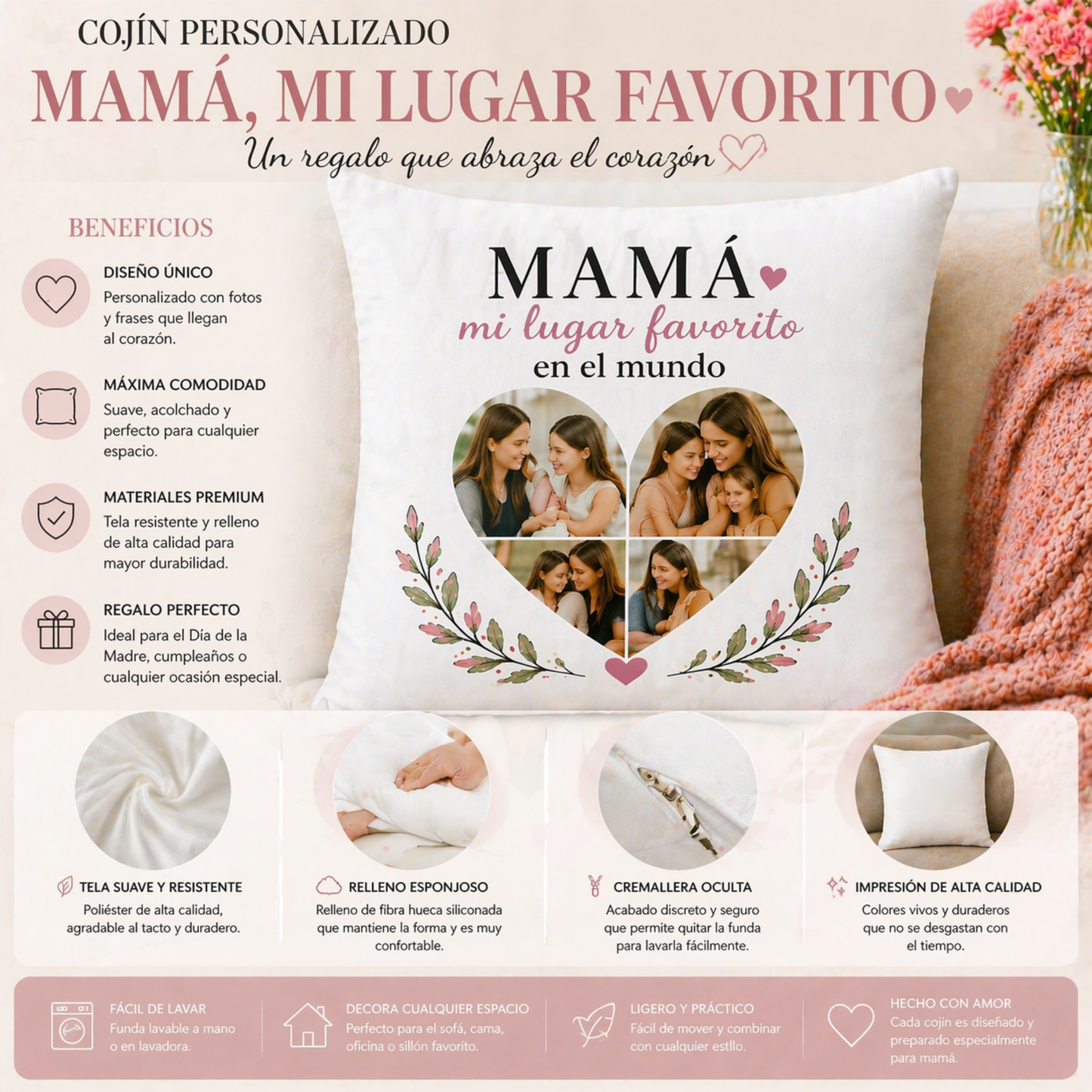 Cojín Personalizado Mamá Mi Lugar Favorito en el Mundo | Regalo Día de la Madre con Fotos