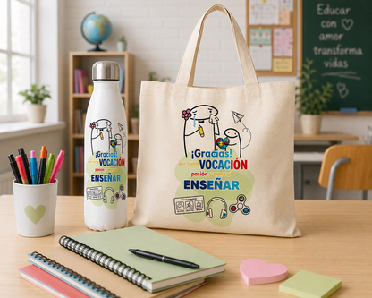🎁 PACK REGALO PROFESORA TEA – BOTELLA + TOTE BAG + NECESER PERSONALIZADO