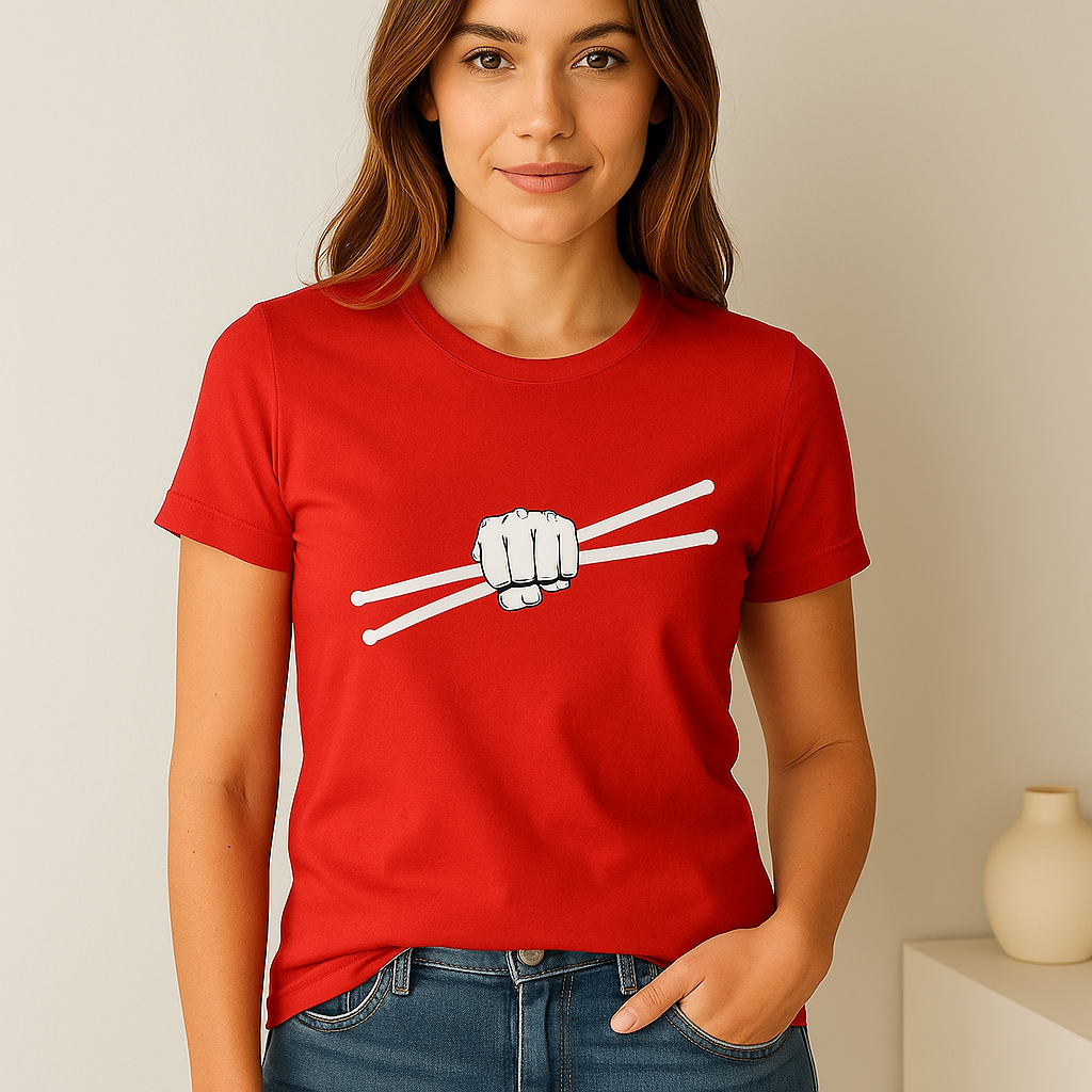 Camiseta Mujer Baterista – Diseño Exclusivo Puño con Baquetas 🎶🔥
