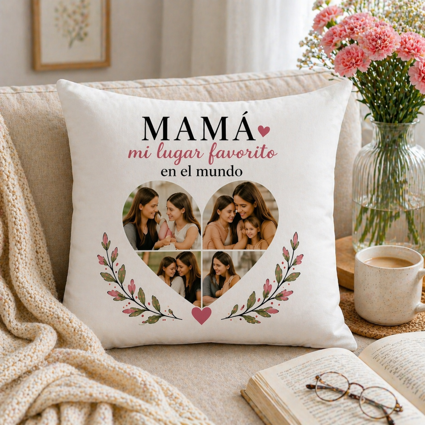 Cojín Personalizado Mamá Mi Lugar Favorito en el Mundo | Regalo Día de la Madre con Fotos