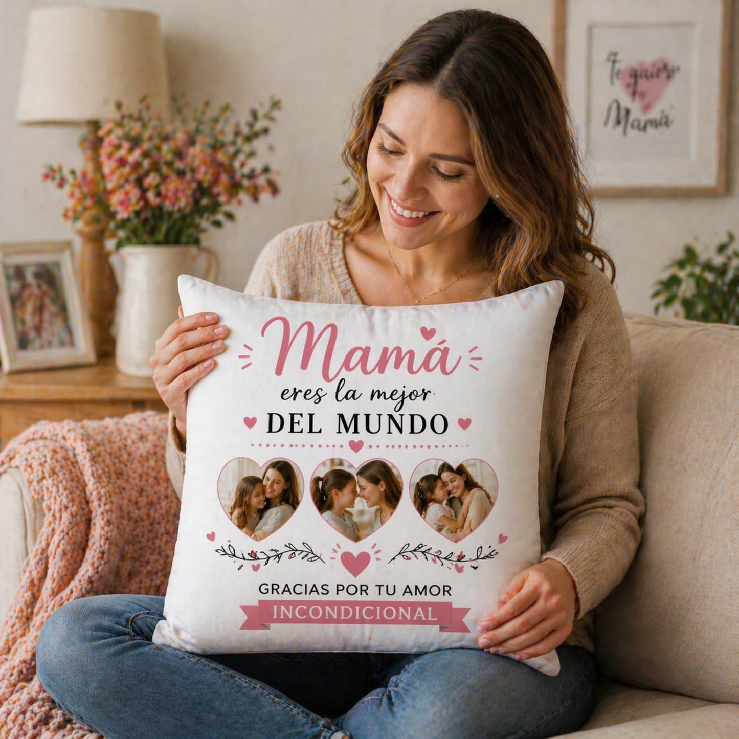 Cojín Personalizado Mamá Eres la Mejor del Mundo | Regalo con Fotos Día de la Madre