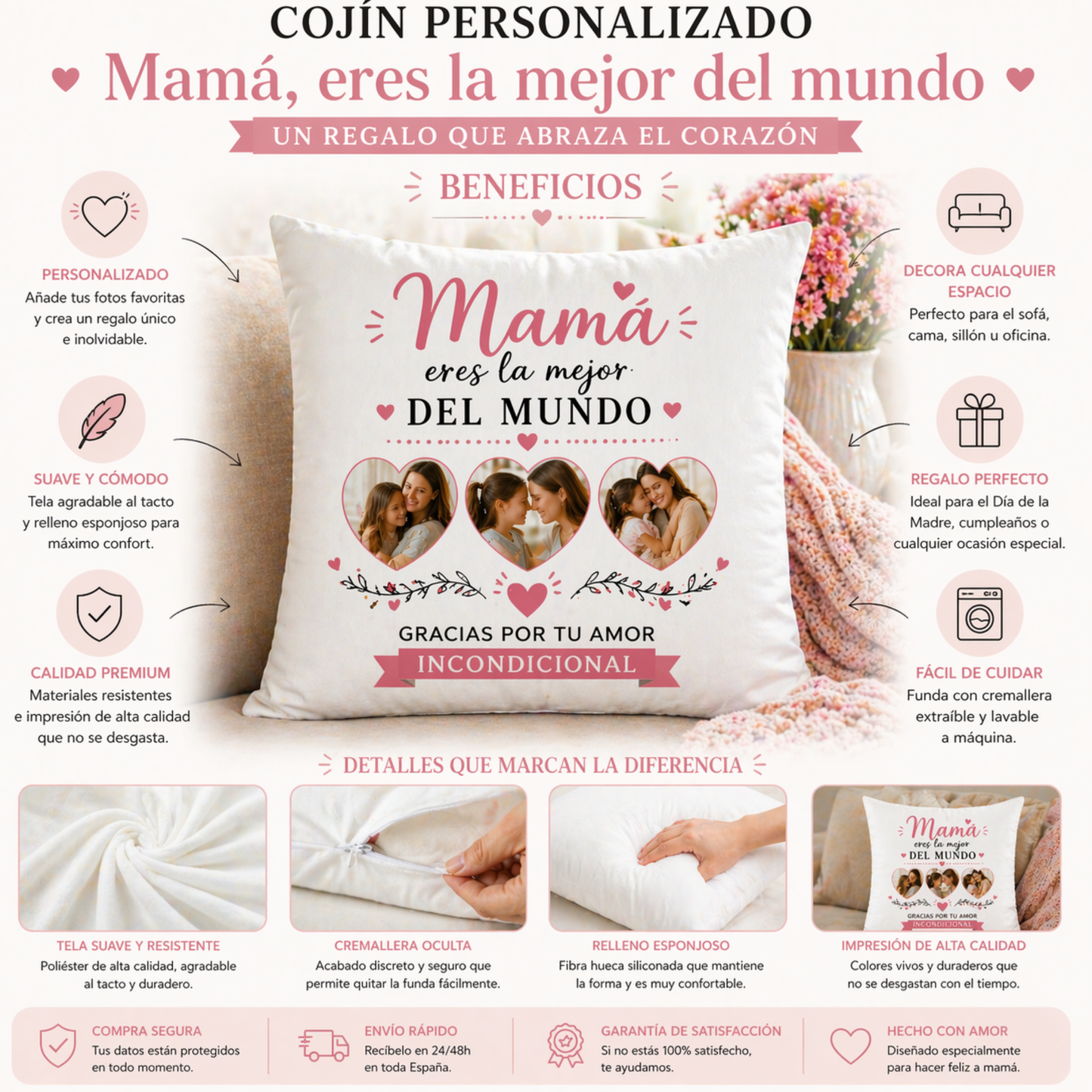 Cojín Personalizado Mamá Eres la Mejor del Mundo | Regalo con Fotos Día de la Madre