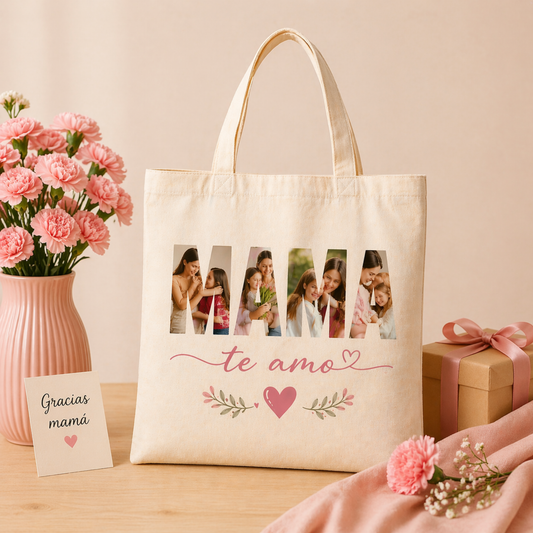 Tote Bag Mamá Te Amo Personalizada con Fotos | Regalo Original Día de la Madre
