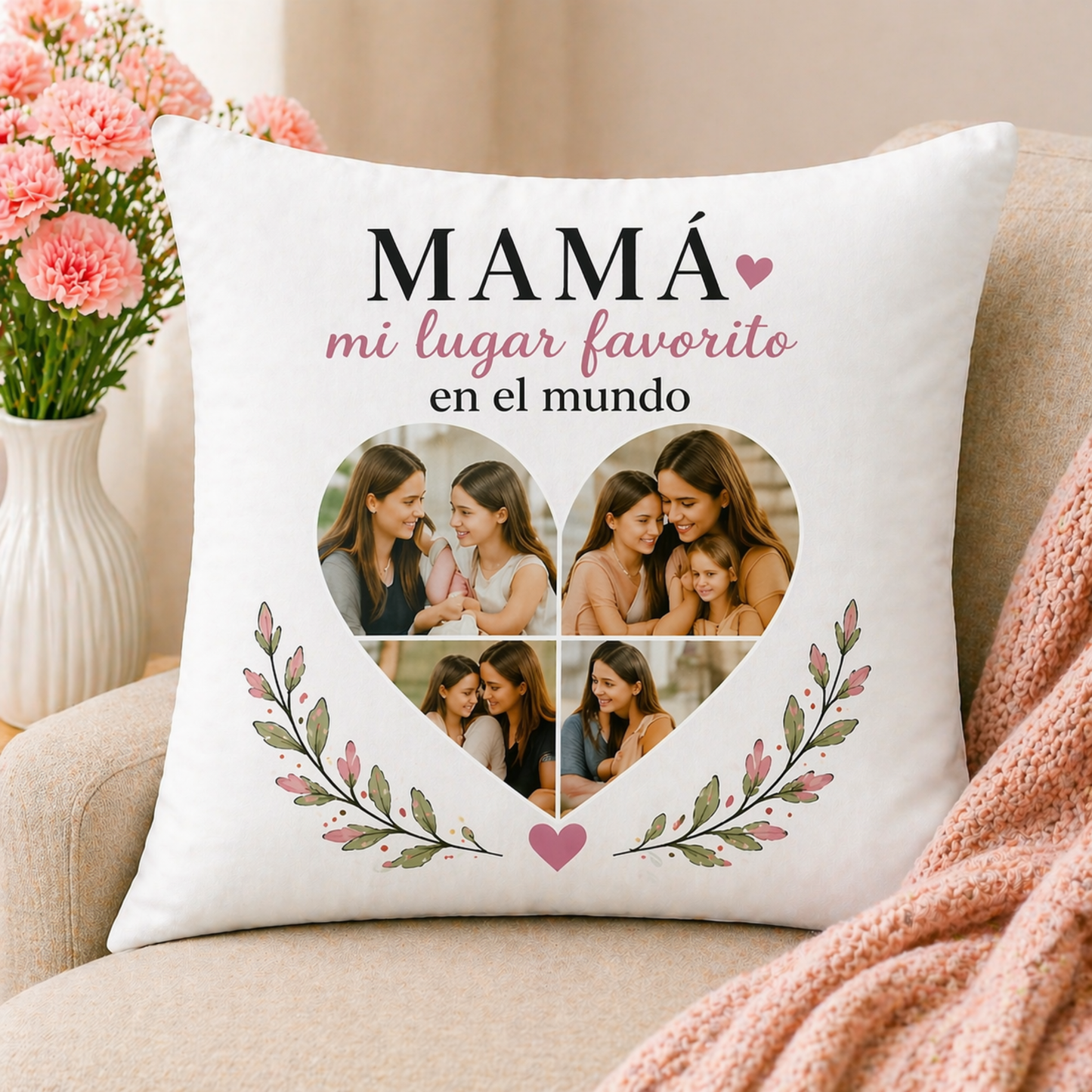 Cojín Personalizado Mamá Mi Lugar Favorito en el Mundo | Regalo Día de la Madre con Fotos