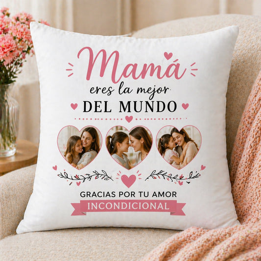Cojín Personalizado Mamá Eres la Mejor del Mundo | Regalo con Fotos Día de la Madre