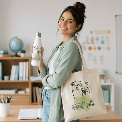 🎁 PACK REGALO PROFESORA TEA – BOTELLA + TOTE BAG + NECESER PERSONALIZADO