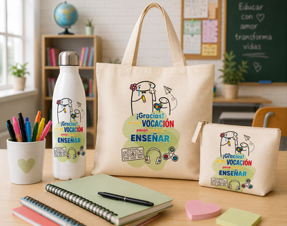 🎁 PACK REGALO PROFESORA TEA – BOTELLA + TOTE BAG + NECESER PERSONALIZADO