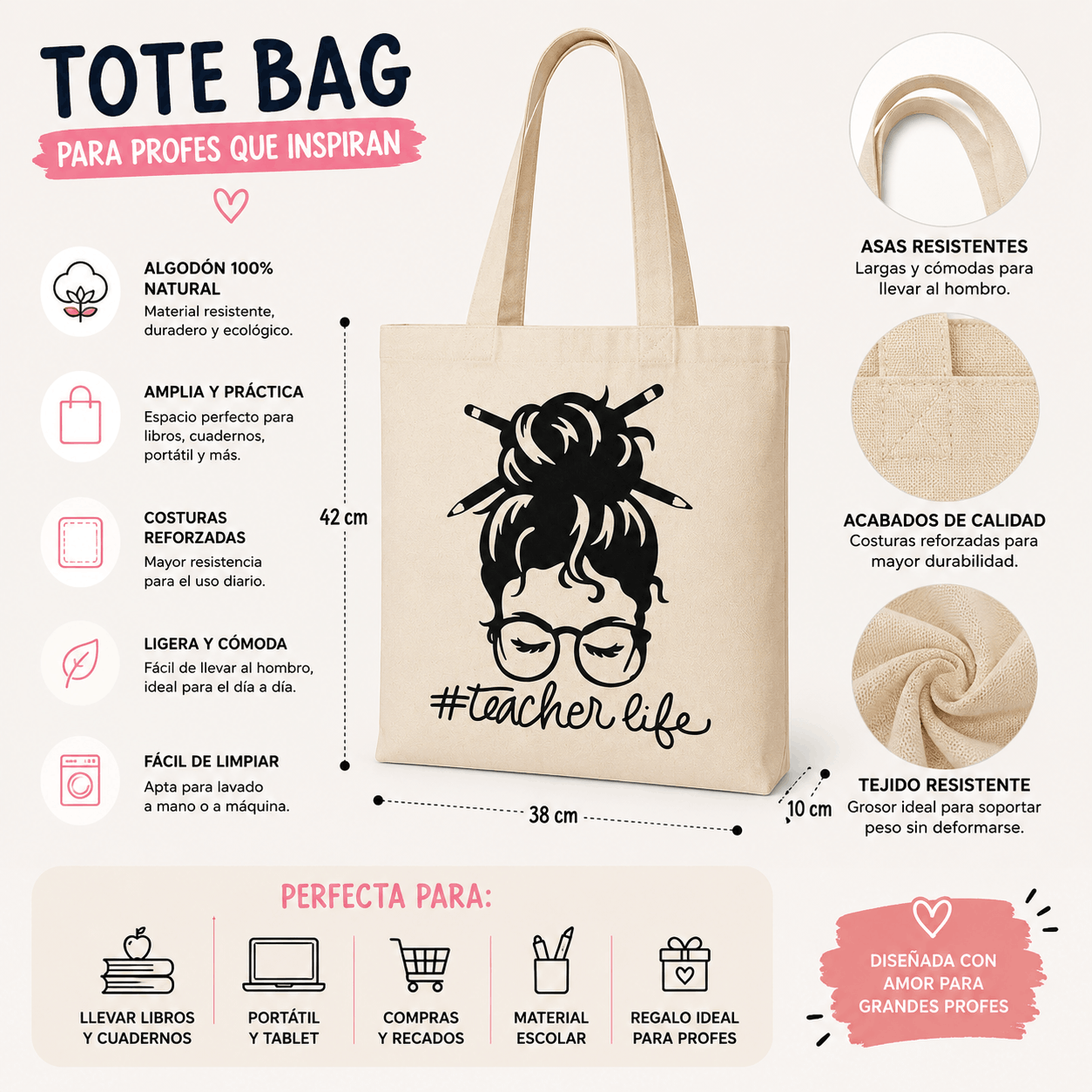 Tote Bag para Profesoras #TeacherLife | Bolsa de Tela Personalizada para Maestras