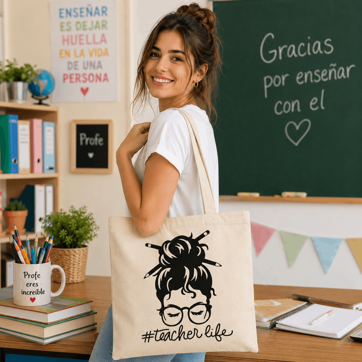 Tote Bag para Profesoras #TeacherLife | Bolsa de Tela Personalizada para Maestras