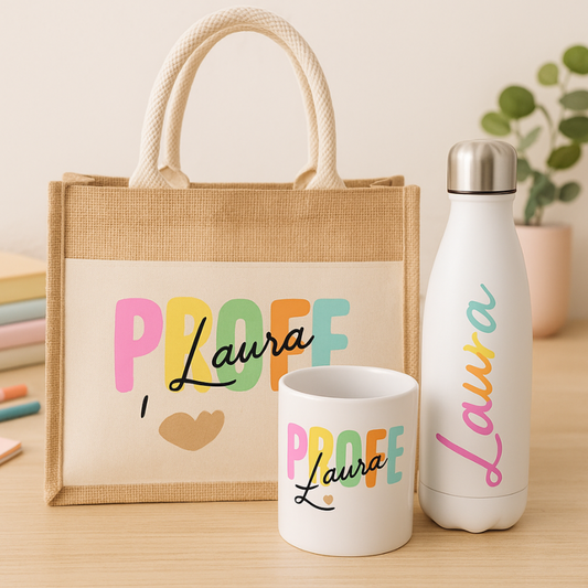 Set de Regalo para Profesores Personalizado – Bolso, Taza y Botella con Nombre