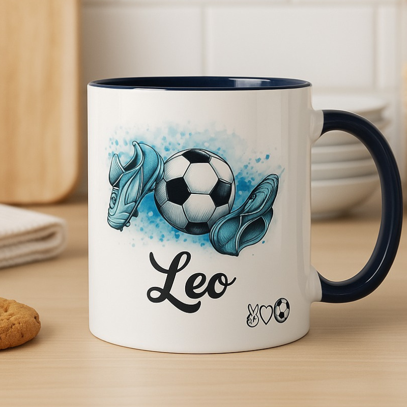 Taza personalizada blanca con asa e interior negro, diseño fútbol y nombre. Regalo ideal para fans del fútbol