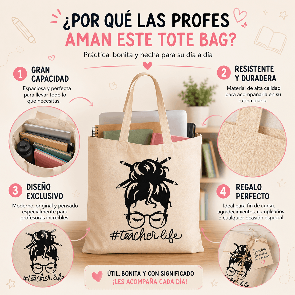 Tote Bag para Profesoras #TeacherLife | Bolsa de Tela Personalizada para Maestras