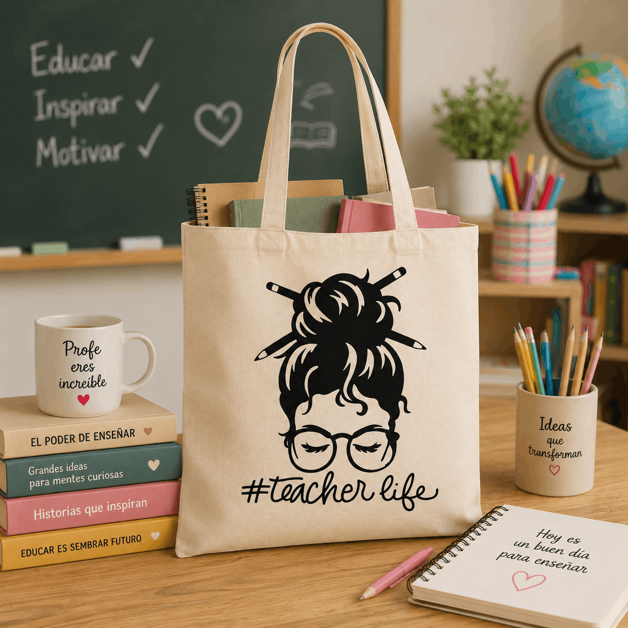 Tote Bag para Profesoras #TeacherLife | Bolsa de Tela Personalizada para Maestras